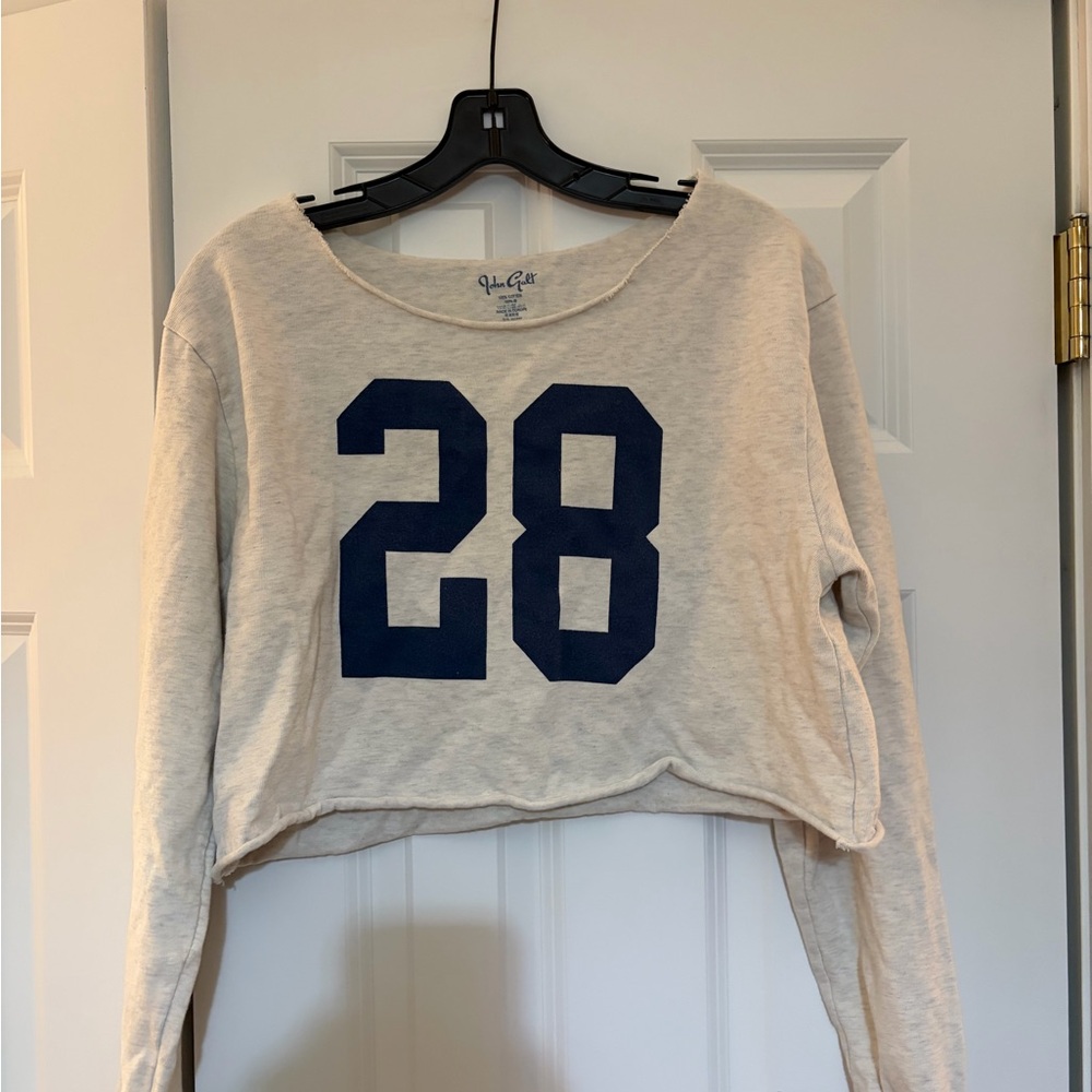 Brandy Melville USA Cream Cropped Wide Neck Sweatshirt with Navy 28